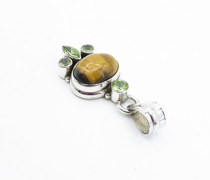925 Sterling Silver  Vintage Cabochon Cut Tiger's Eye & Peridot Pendant PT3099