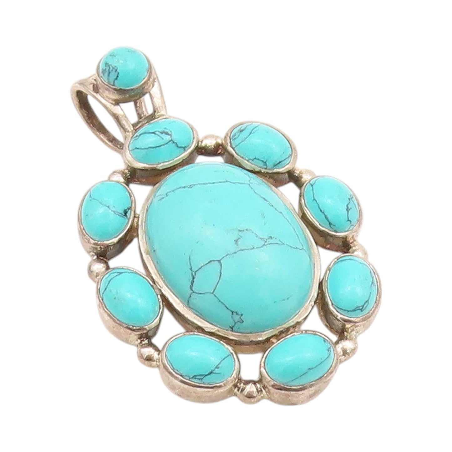 925 Sterling Silver Vintage Pendant Oval Cabochon Turquoise Flower  PT24312