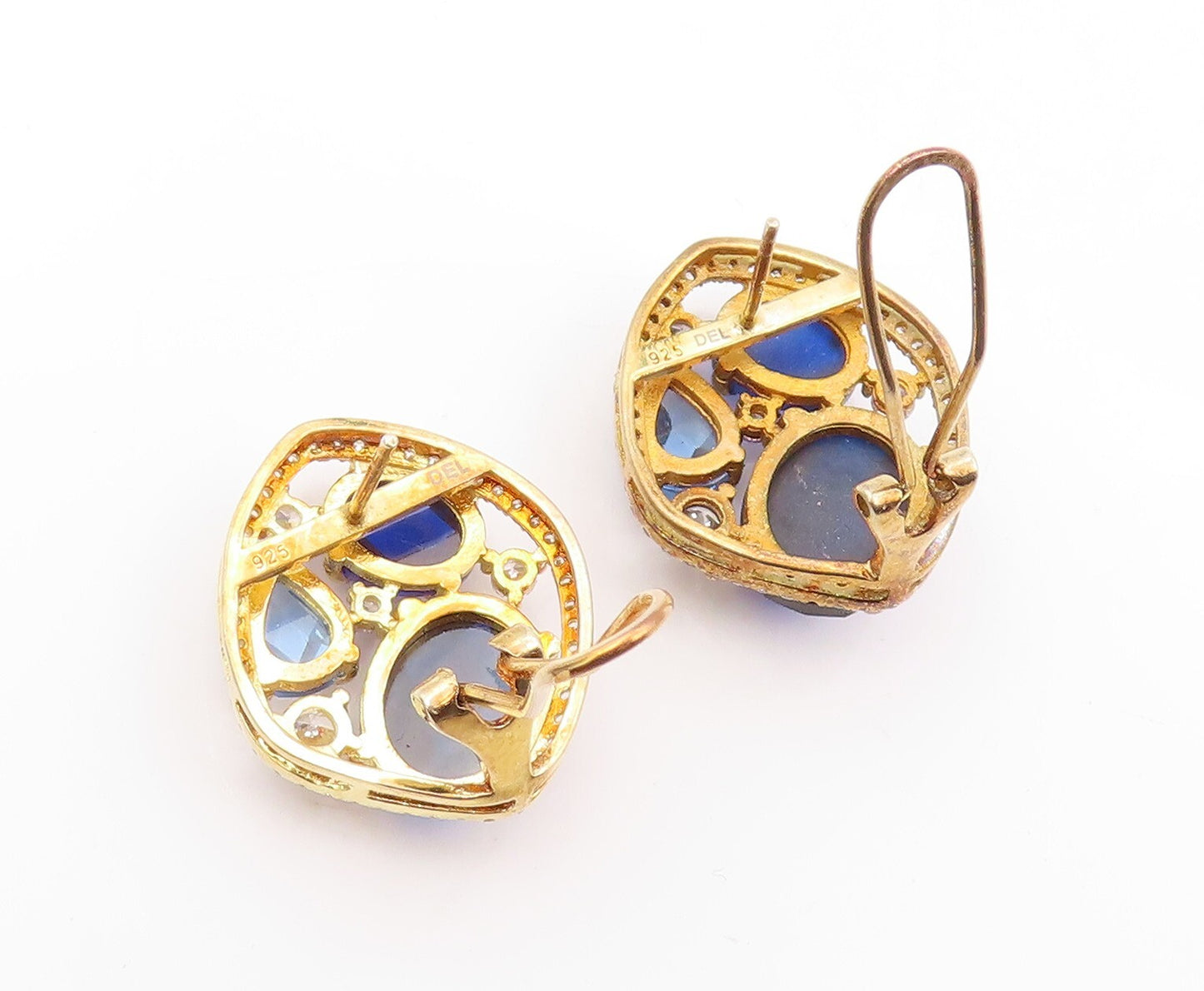 925 Sterling Silver Vintage Earrings Gold Plated Sapphire CZ Blue Topaz  EG13319