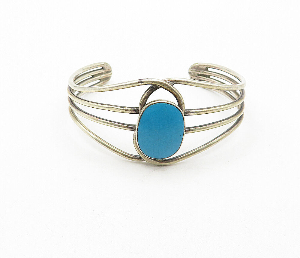 925 Sterling Silver  Vintage Turquoise Split Shank Shiny Cuff Bracelet  BT1687