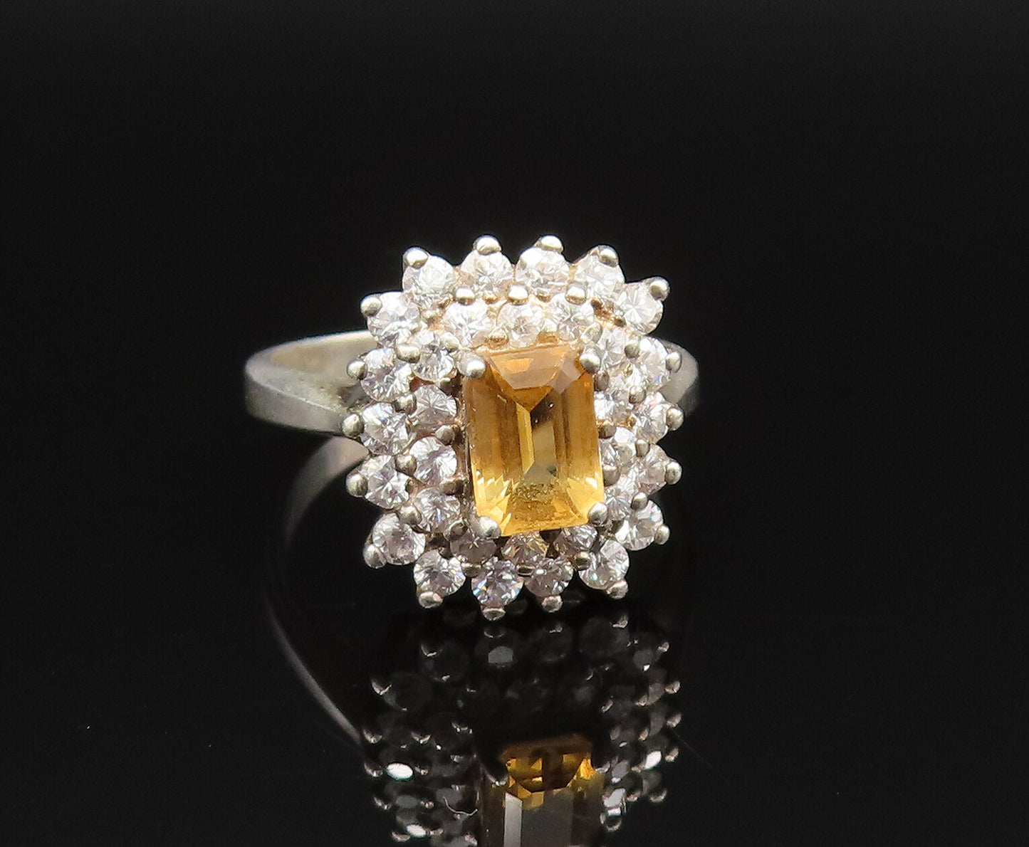 925 Sterling Silver  Vintage Citrine & Cubic Zirconia Halo Ring Sz 7  RG25641