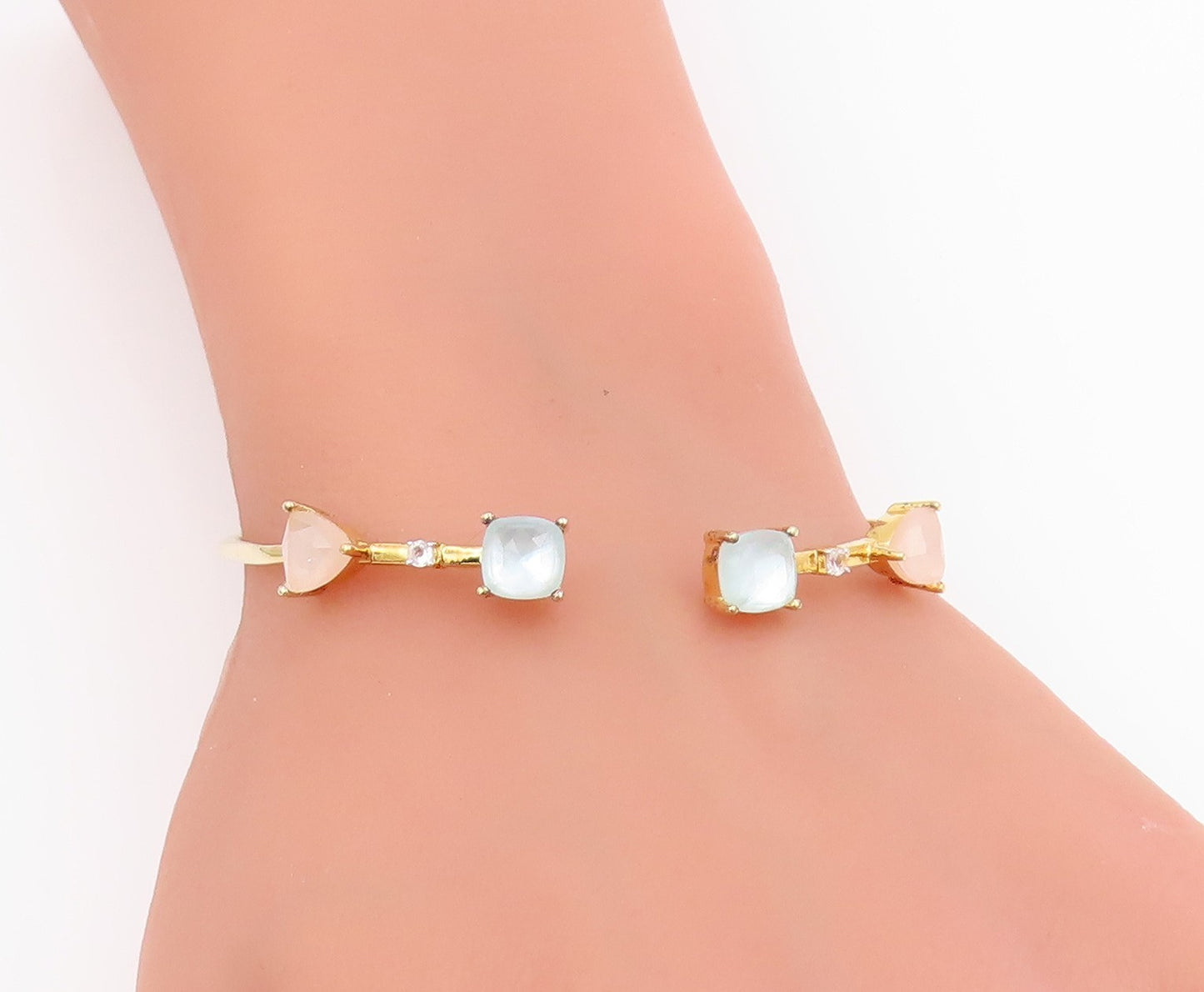 925 Sterling Silver Vintage Bracelet Gold Plated Quartz Elegant Cuff  BT11656