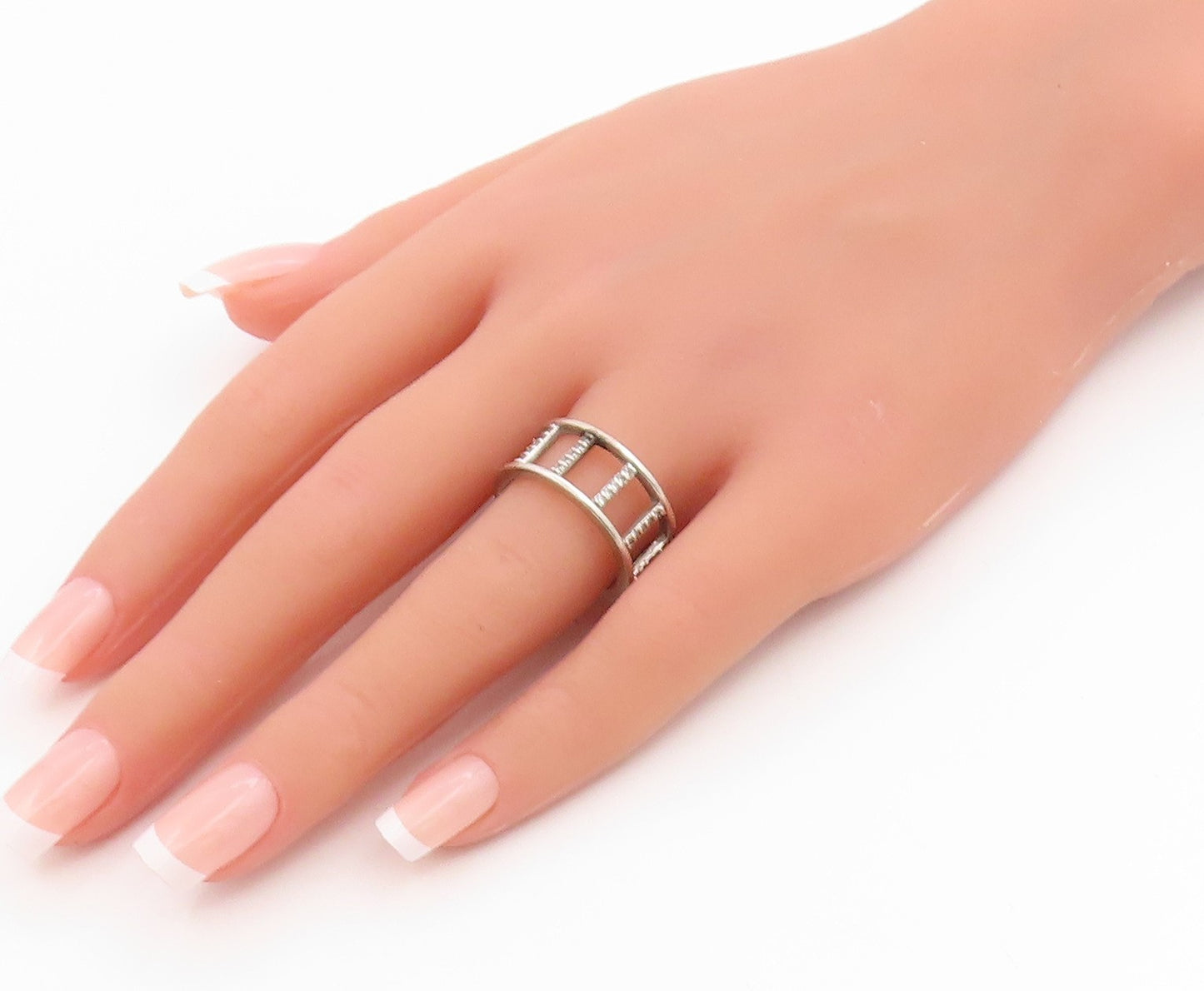925 Sterling Silver Vintage Ring CZ Geometric Square Cutout Band  Sz 8  RG35845