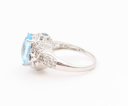 925 Sterling Silver Vintage Ring Elegant Blue Topaz & CZ Band  Sz 10  RG36562