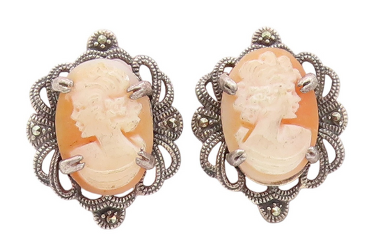 925 Sterling Silver Vintage Earrings Marcasite Lady Profile Cameo Studs  EG13868