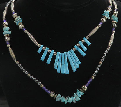 SOUTHWESTERN 925 Silver Vintage Turquoise & Hematite Chain Necklace NE1418