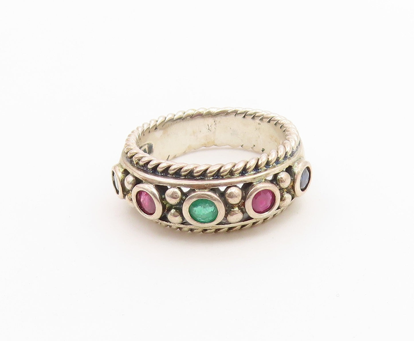 925 Sterling Silver Vintage Ring Multi Gemstone Twisted Rope Band  Sz 6  RG36742