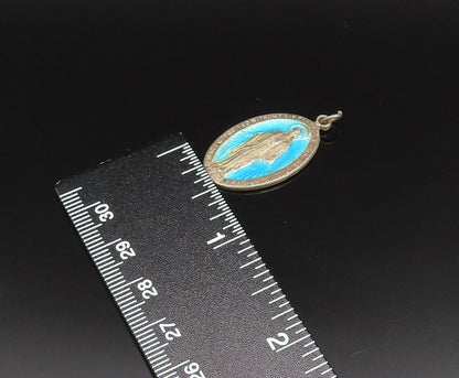 925 Silver  Vintage Antique Enamel Saint Mary Religious Medal Pendant  PT21124