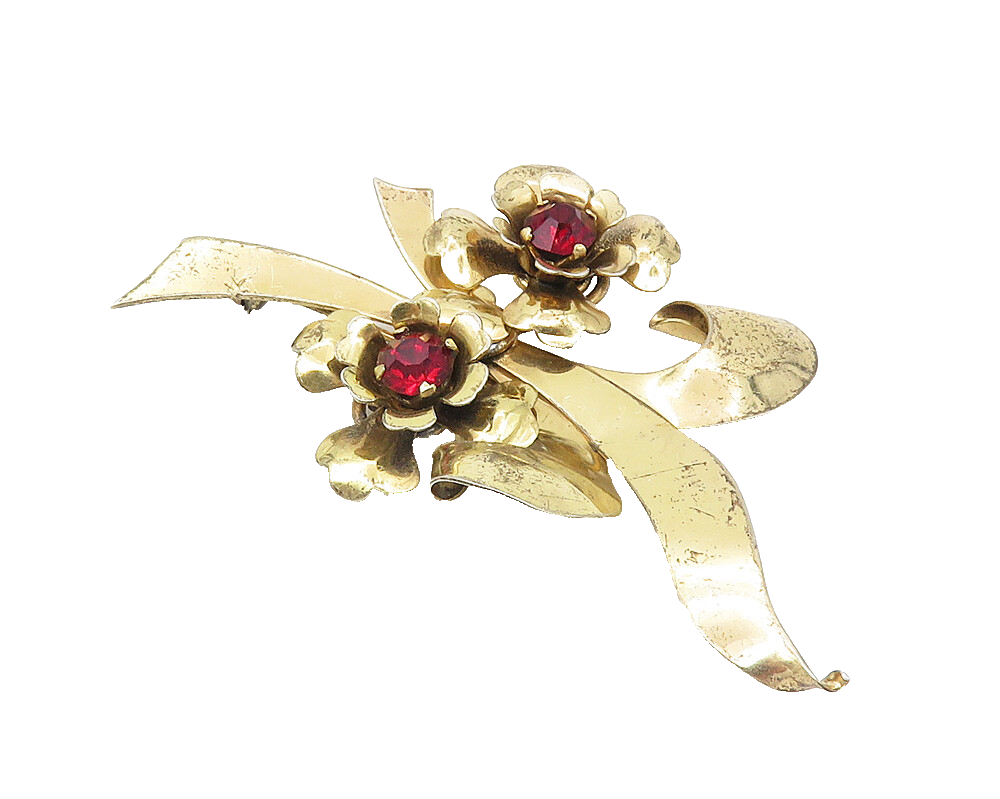 IH 925 Silver  Vintage Red Topaz Shiny Gold Plated Flowers Brooch Pin  BP4291
