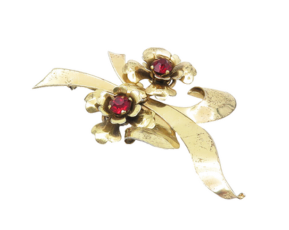 IH 925 Silver  Vintage Red Topaz Shiny Gold Plated Flowers Brooch Pin  BP4291