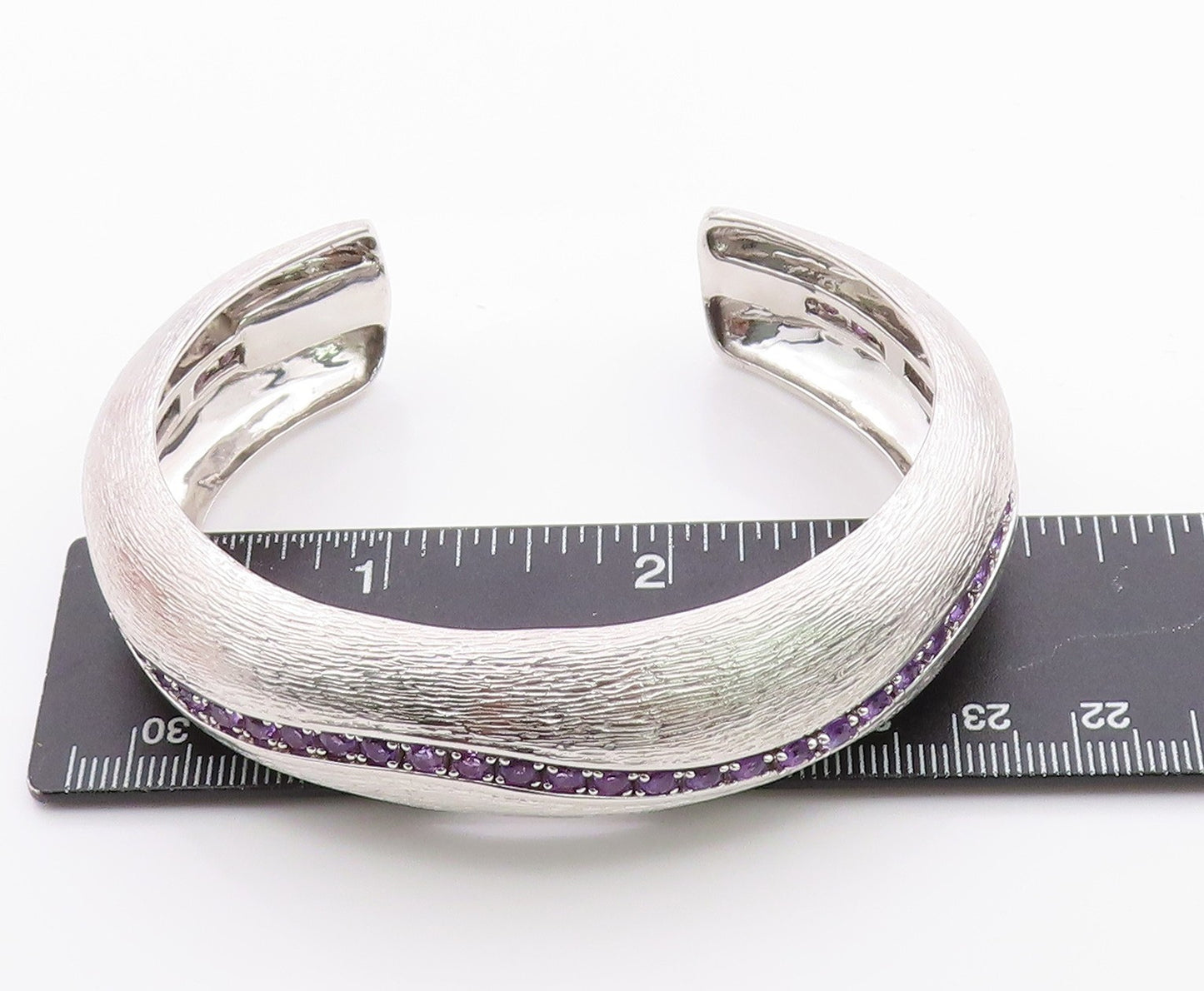 925 Sterling Silver Vintage Bracelet Modernist Amethyst Chain Inlay Cuff BT11351