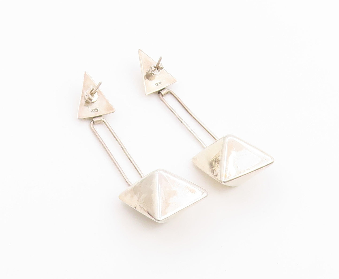 925 Sterling Silver Vintage Earrings 3D Geometric Pyramid Linear Drop  EG14422