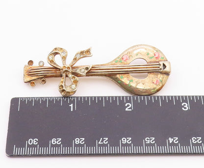 925 Sterling Silver  Vintage Antique Topaz Ribbon Bow Banjo Brooch Pin  BP8475