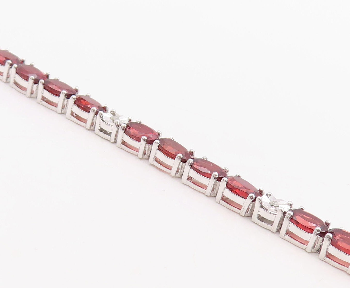 925 Sterling Silver Vintage Bracelet Diamonds & Oval Cut Garnet Band BT10855
