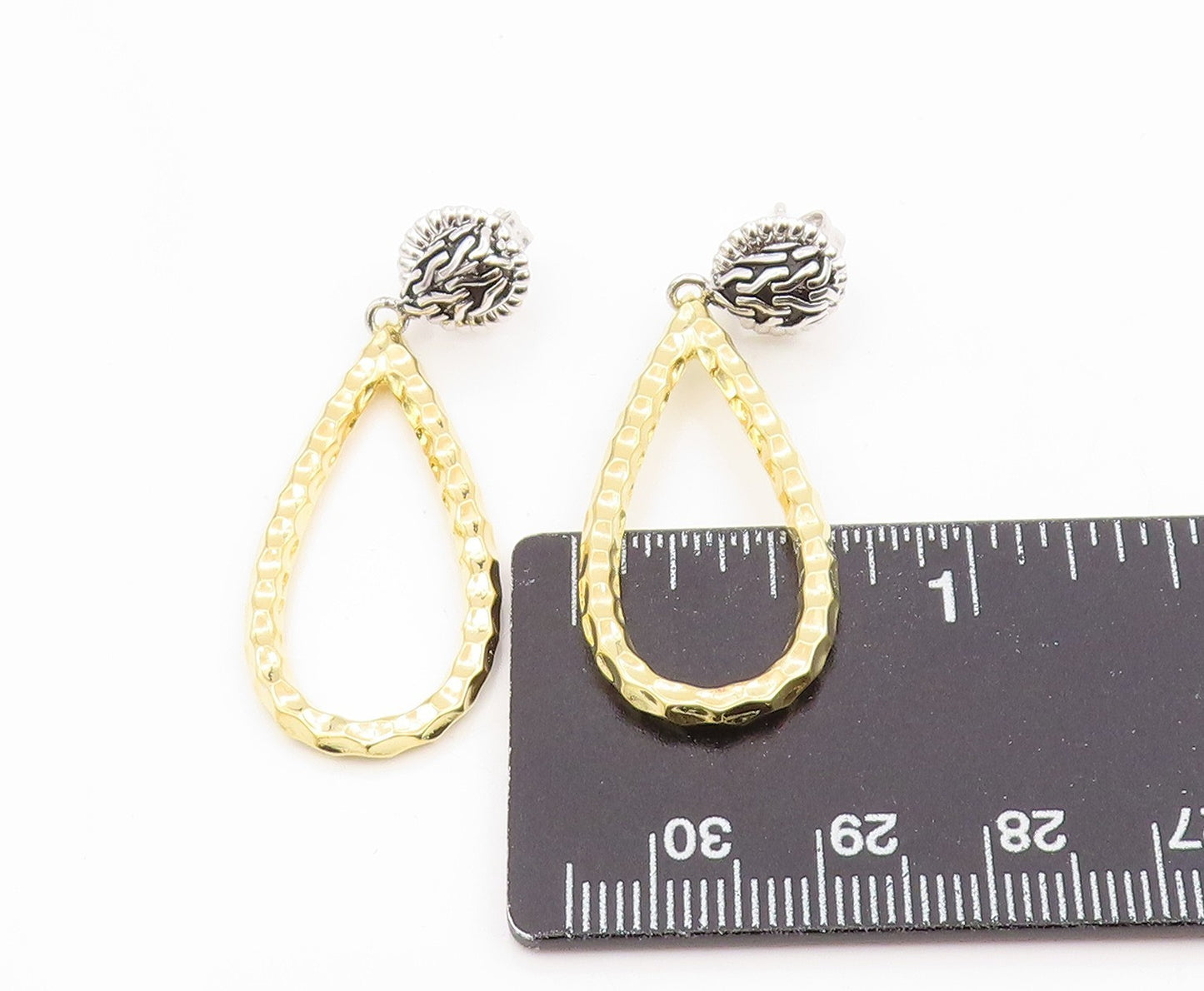 925 Sterling Silver Vintage Earrings DSMK Two Tone Hammered Teardrop  EG14162