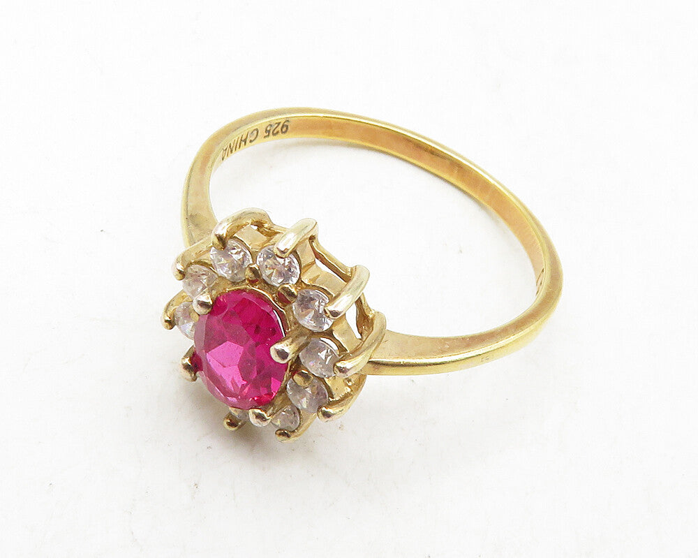 925 Sterling Silver  Vintage Pink & White Topaz Floral Band Ring Sz 10  RG9804