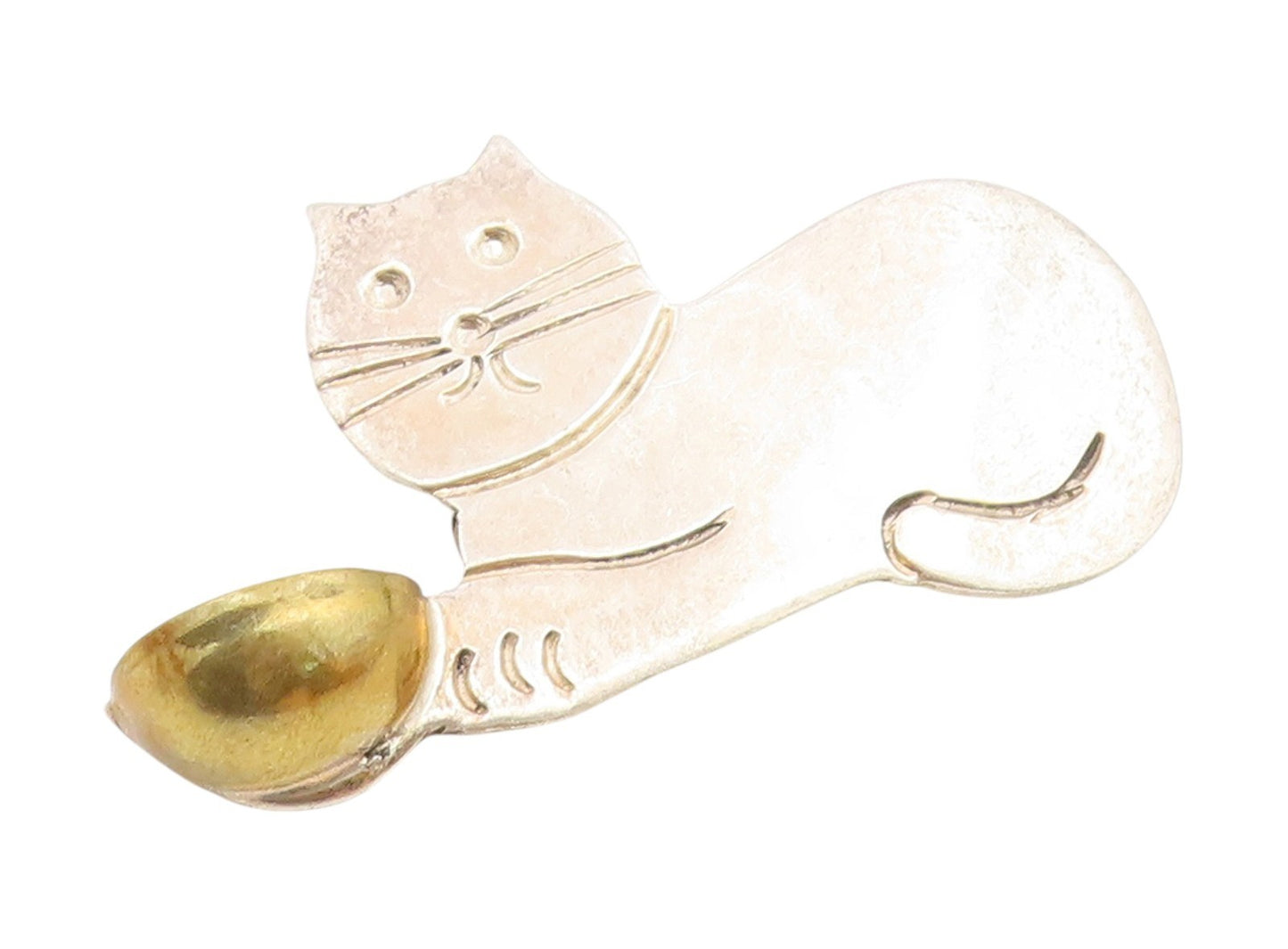 MEXICO 925 Sterling Silver Vintage Two Tone Cat & Bowl Brooch Pin  BP5125