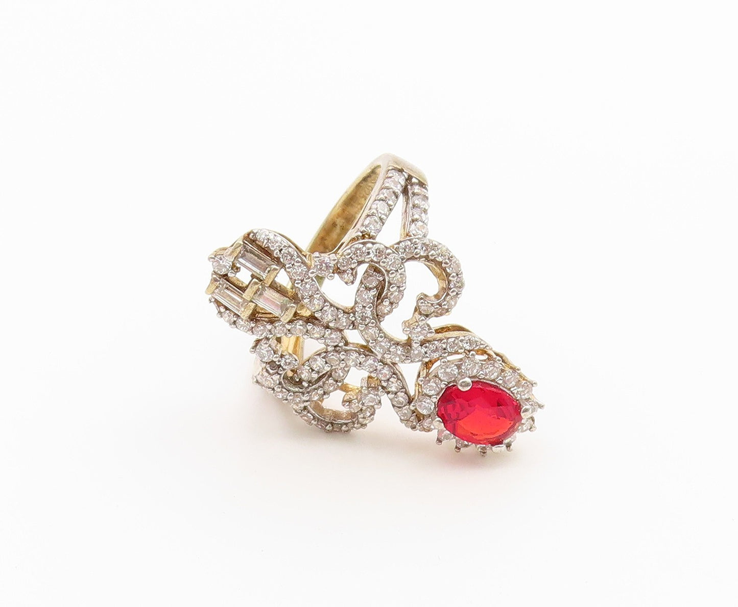 925 Sterling Silver Vintage Ring Gold Plated Ruby & CZ Openwork  Sz 7  RG36780