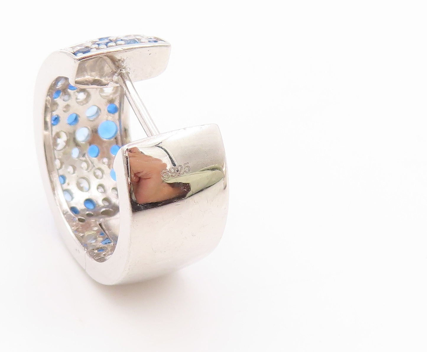 925 Sterling Silver Vintage Earrings Blue & White CZ Inlay Broad Hoops  EG13545