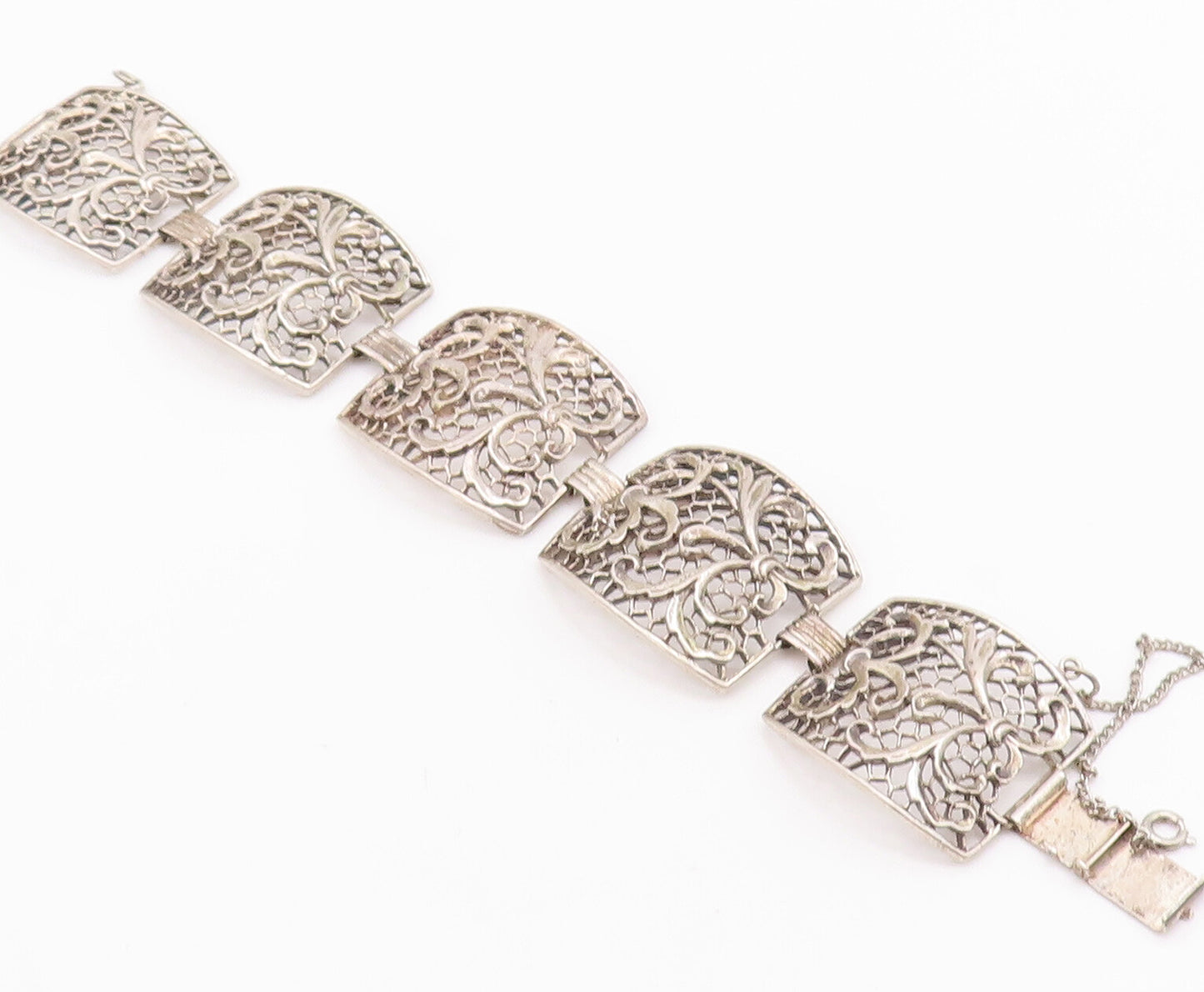 925 Sterling Silver Vintage Bracelet Web Effect Cutout Floral Carved  BT10547