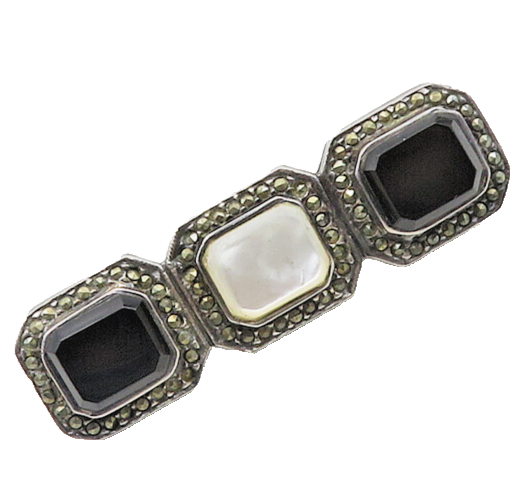 925 Silver  Vintage Black Onyx Mother Of Pearl & Marcasite Brooch Pin  BP7328