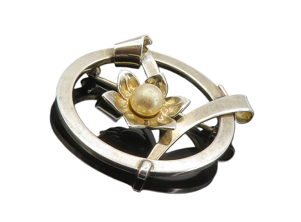 925 Sterling Silver  Vintage Golden Pearl Flower Motif Brooch Pin  BP3252