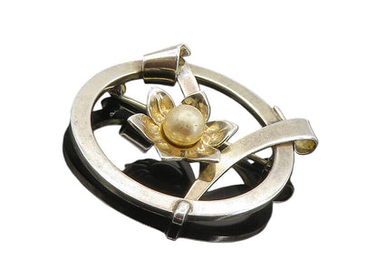 925 Sterling Silver  Vintage Golden Pearl Flower Motif Brooch Pin  BP3252