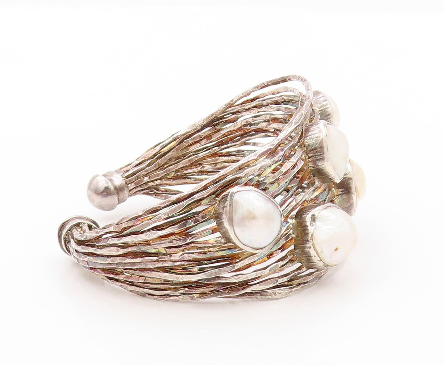 925 Sterling Silver Vintage Bracelet Oval Pearl Brutalist Carved Cuff  BT11043
