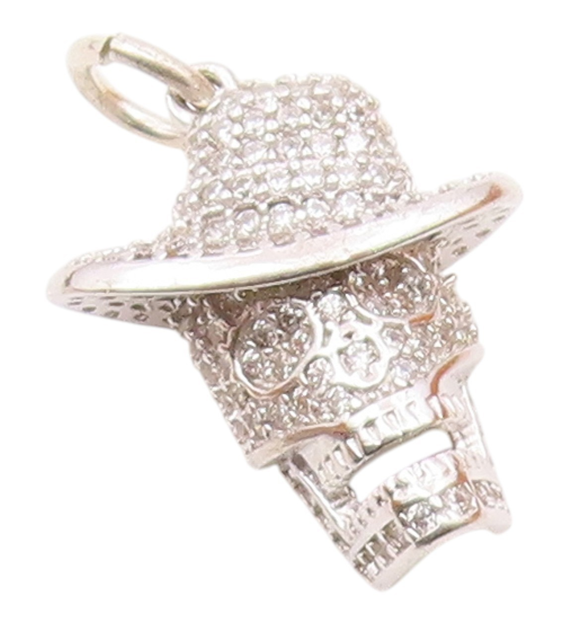 925 Sterling Silver  Vintage Skull Head With Hat Topaz Pendant  PT20233