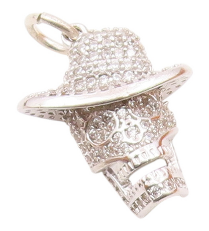 925 Sterling Silver  Vintage Skull Head With Hat Topaz Pendant  PT20233