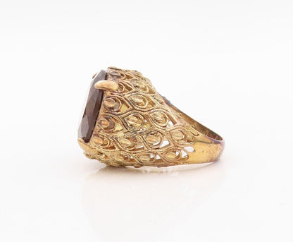 925 Sterling Silver Vintage Ring Gold Plate Carved Smoky Quartz  Sz 7  RG30158