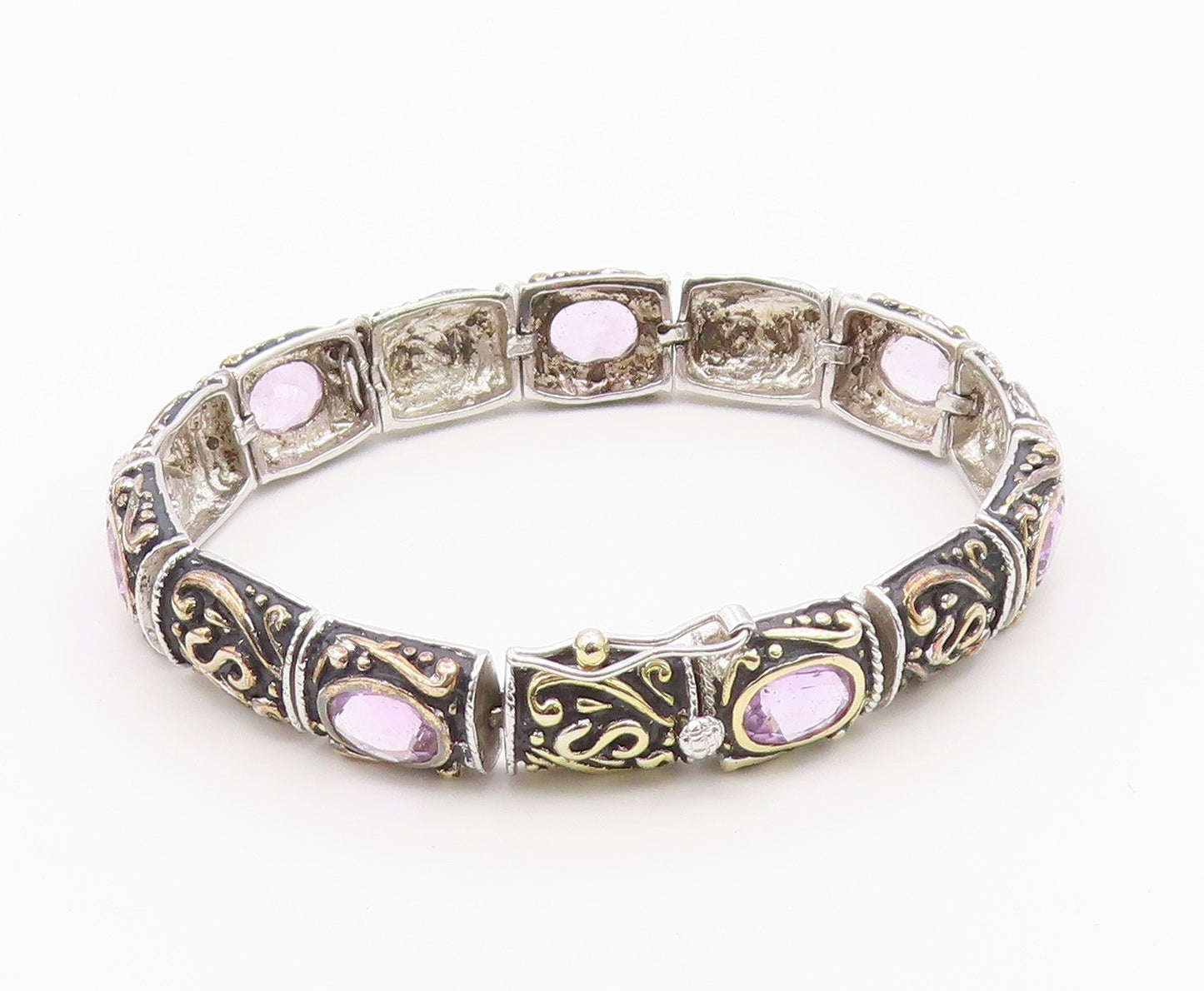 925 Sterling Silver  Vintage Amethyst Two Tone Swirl Chain Bracelet  BT8484