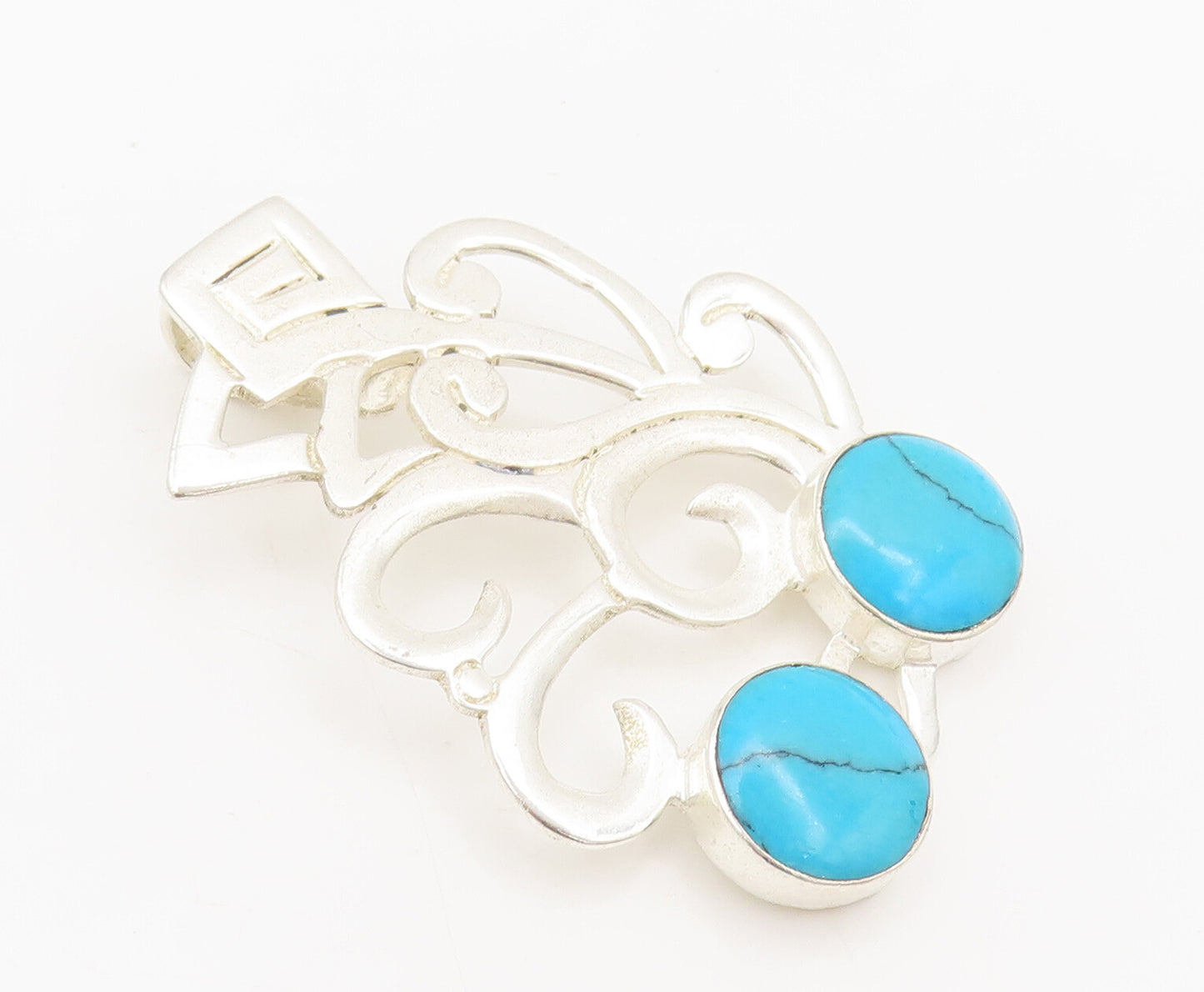 MEXICO 925 Sterling Silver  Vintage Swirly Cutout Turquoise Pendant  PT22369