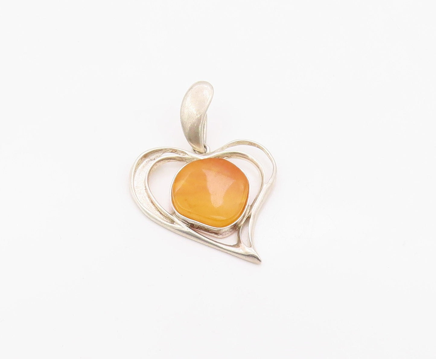 925 Sterling Silver Vintage Pendant Butterscotch Amber Love Heart Charm  PT26334