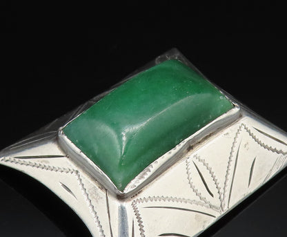 925 Silver  Vintage Rectangle Aventurine Etched Pyramid Dome Brooch Pin BP9771