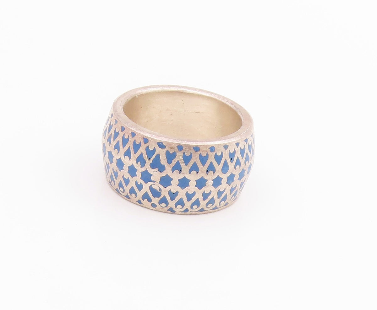 925 Sterling Silver Vintage Ring Blue Intricate Lattice Pattern  Sz 7  RG34497