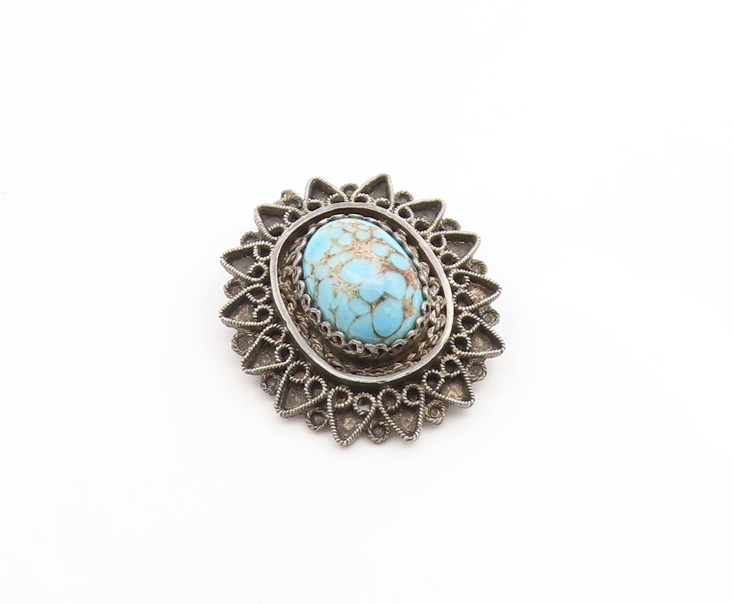 925 Sterling Silver Vintage Brooch ISRAEL Cabochon Turquoise Floral Pin  BP12423