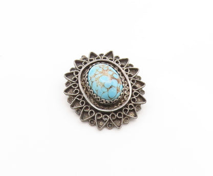 925 Sterling Silver Vintage Brooch ISRAEL Cabochon Turquoise Floral Pin  BP12423