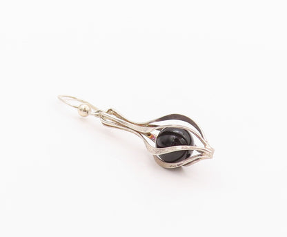 925 Sterling Silver Vintage Earrings Modernist Cutout Cage Cabochon Onyx EG13496