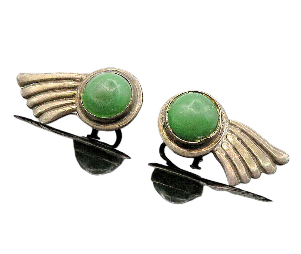 MEXICO 925 Sterling Silver  Vintage Antique Jasper Non Pierce Earrings  EG4988