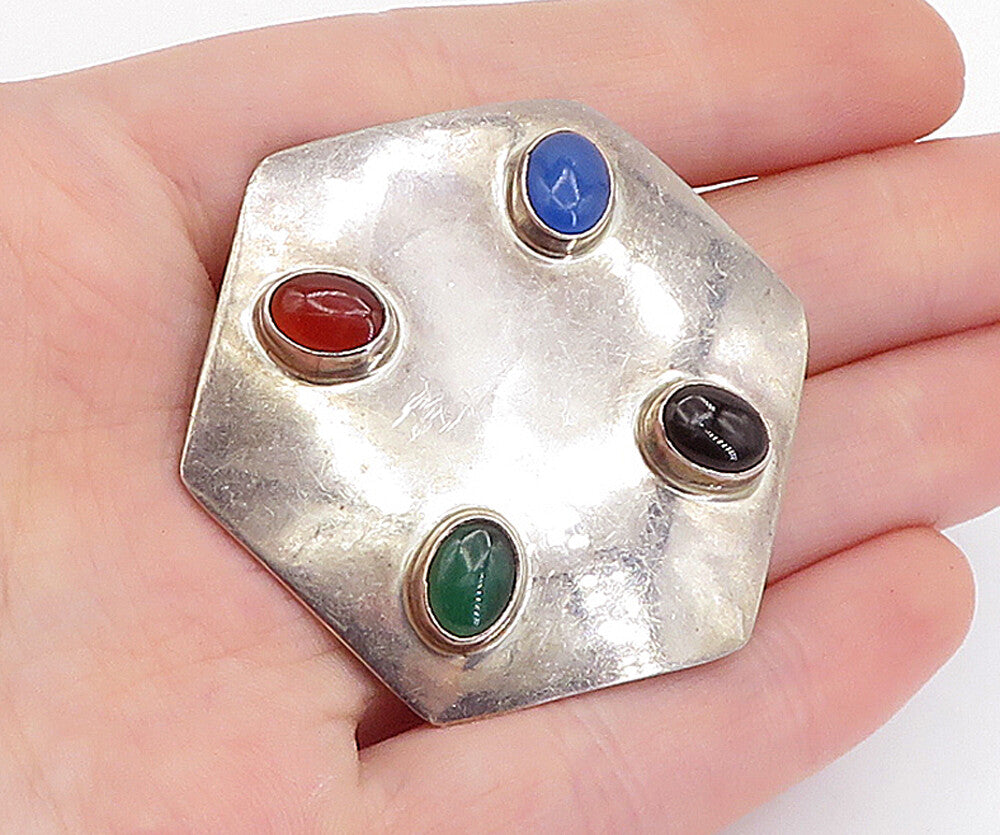 MEXICO 925 Silver  Vintage Black Onyx & Topaz Hexagon Shape Brooch Pin  BP2042