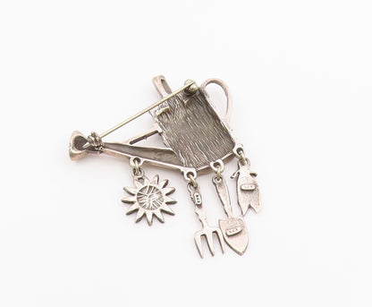 925 Sterling Silver  Vintage Dark Tone Watering Can Charmed Brooch Pin  BP3461
