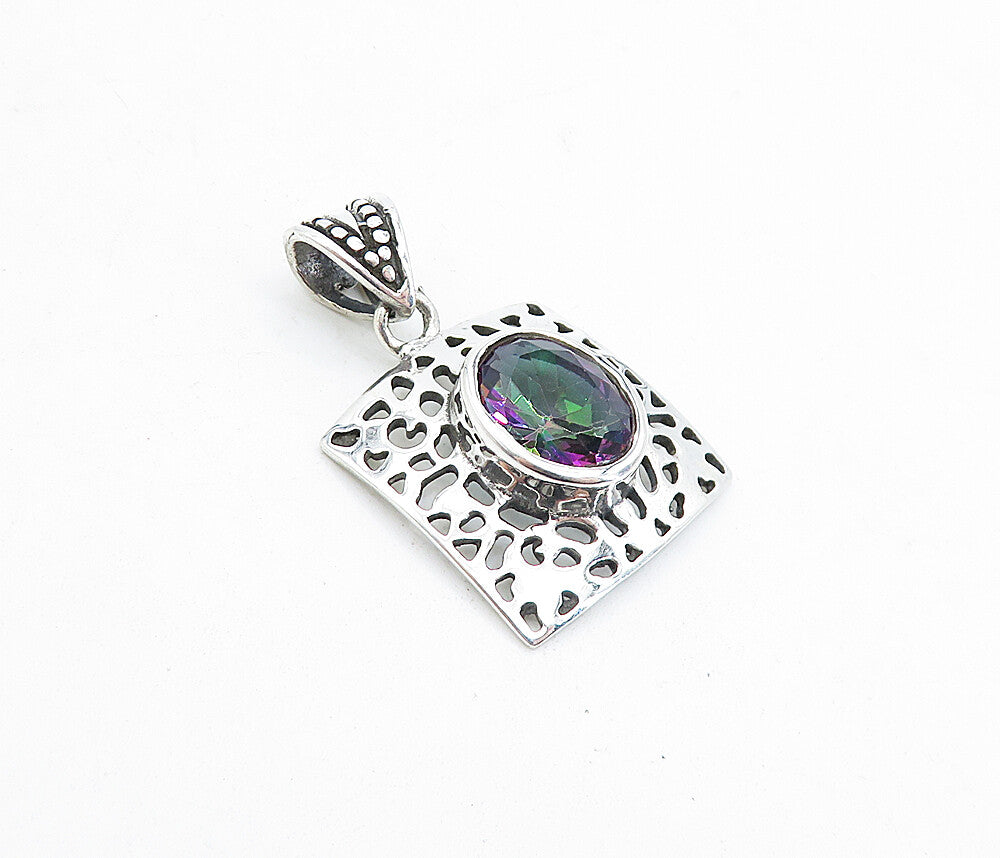 925 Sterling Silver  Mystic Topaz Shiny Cutout Square Drop Pendant  PT3380