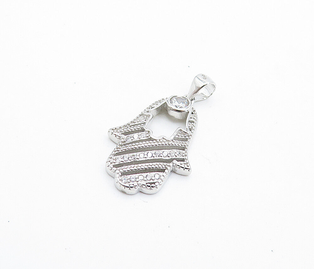 925 Sterling Silver  Sparkling Topaz Polished Cutout Hamsa Pendant  PT5586