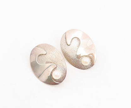 925 Sterling Silver Vintage Earrings Round Pearl Carved Yin Yang Stud  EG13996