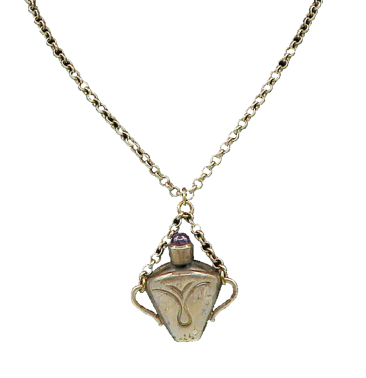 925 Silver  Vintage Antique Fleur De Lis Amethyst Tea Cup Necklace  NE3835
