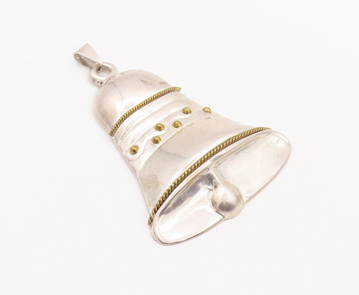 925 Sterling Silver Vintage Pendant MEXICO Large Carved Christmas Bell  PT23155