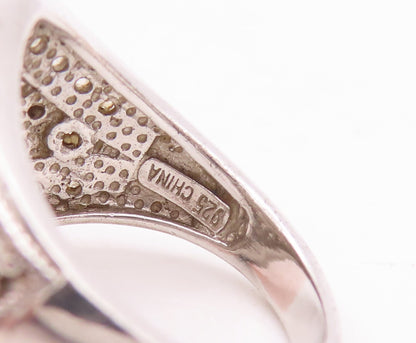 925 Sterling Silver Vintage Ring Round Topaz Beaded Floral Design  Sz 7  RG29073
