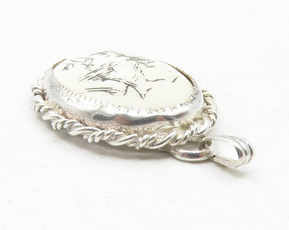 925 Sterling Silver  Vintage Etched Detail Oval Twist Drop Pendant  PT9507
