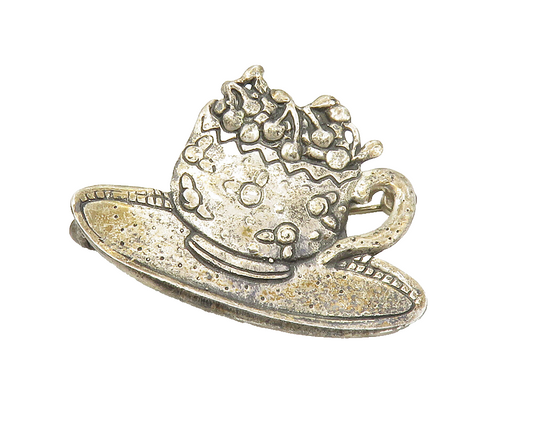 MEINK 925 Sterling Silver  Vintage Cup Of Cherries Oxidized Brooch Pin  BP5367